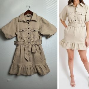 Strut & Bolt Safari Mini Dress Women's Size Small S Lady Beige Pocket Belted